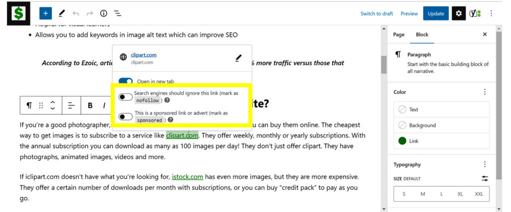 How to make nofollow and sponsored links in WordPress